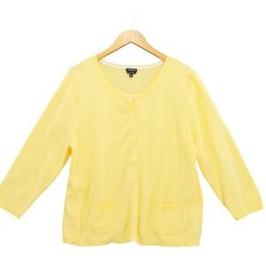 Talbots Womens Yellow Pima Cotton Cardigan Sweater XL Pockets 3/4 Sleeve
